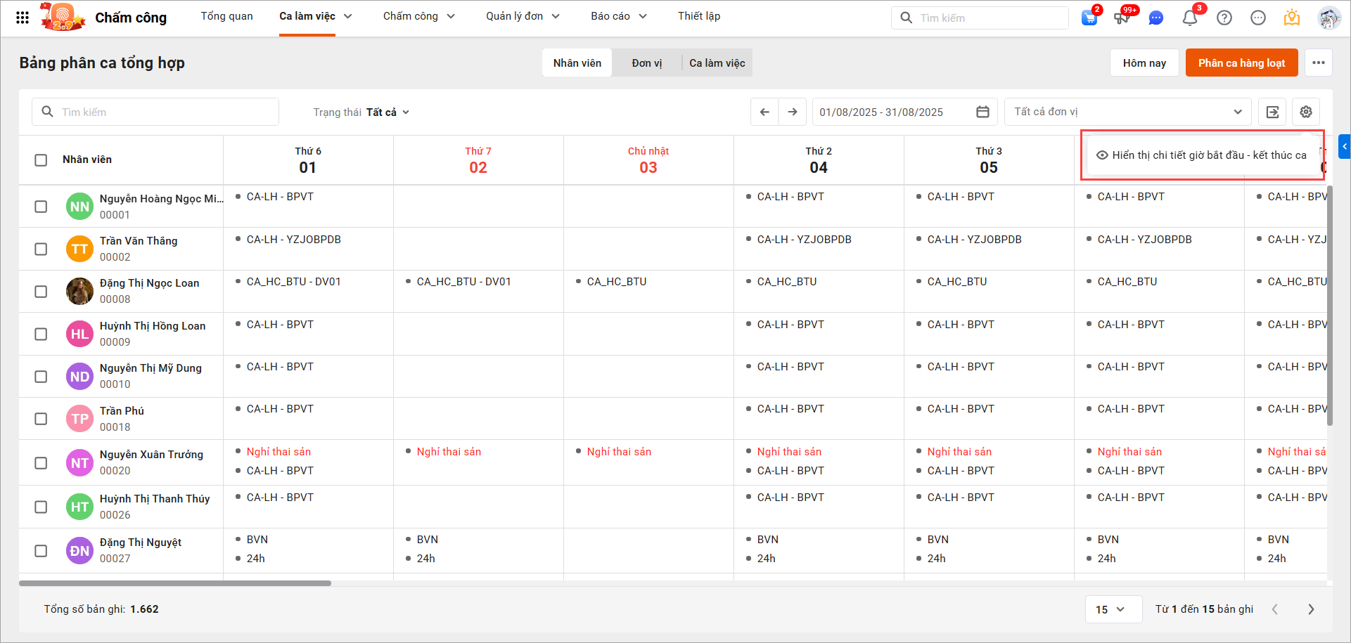 Chọn hiển thị chi tiết giờ bắt đầu - kết thúc ca