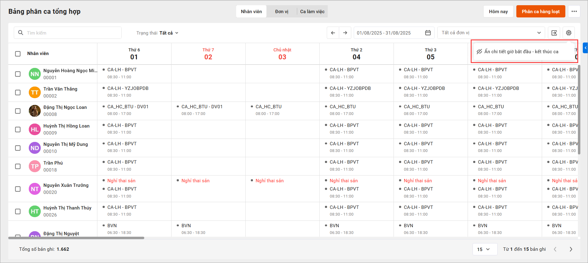 Hiển thị giờ bắt đầu - kết thúc ca