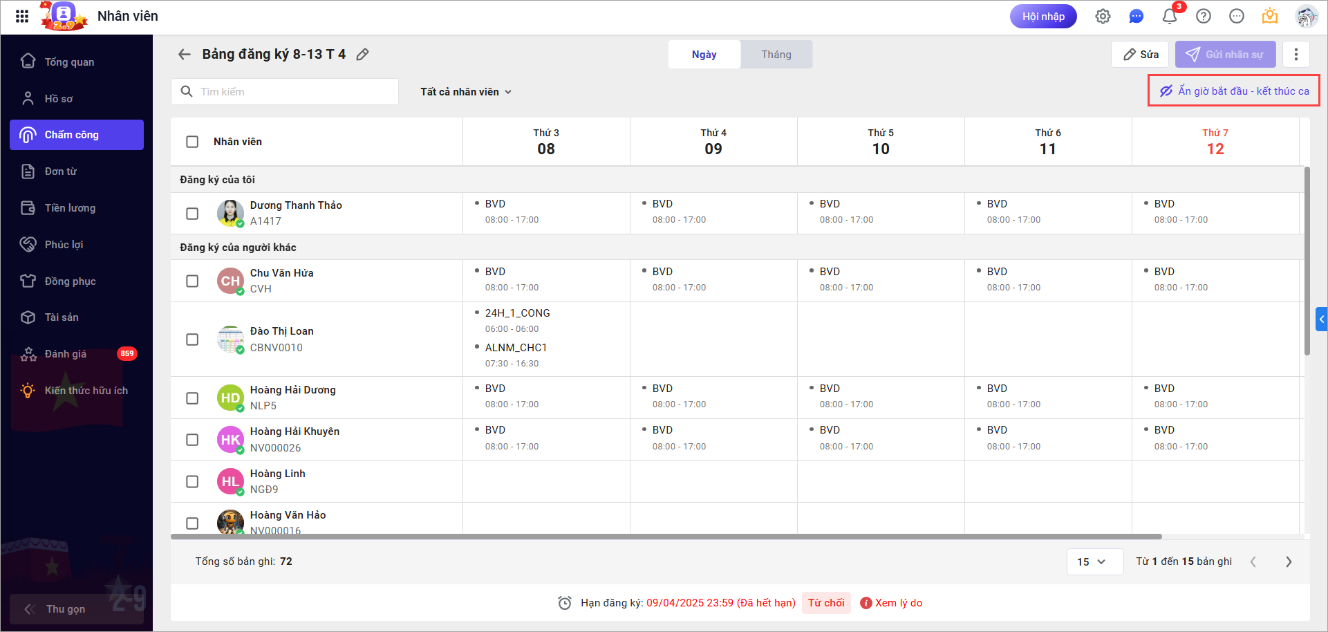 Bảng đăng ký ca trên app Chấm công/Nhân viên