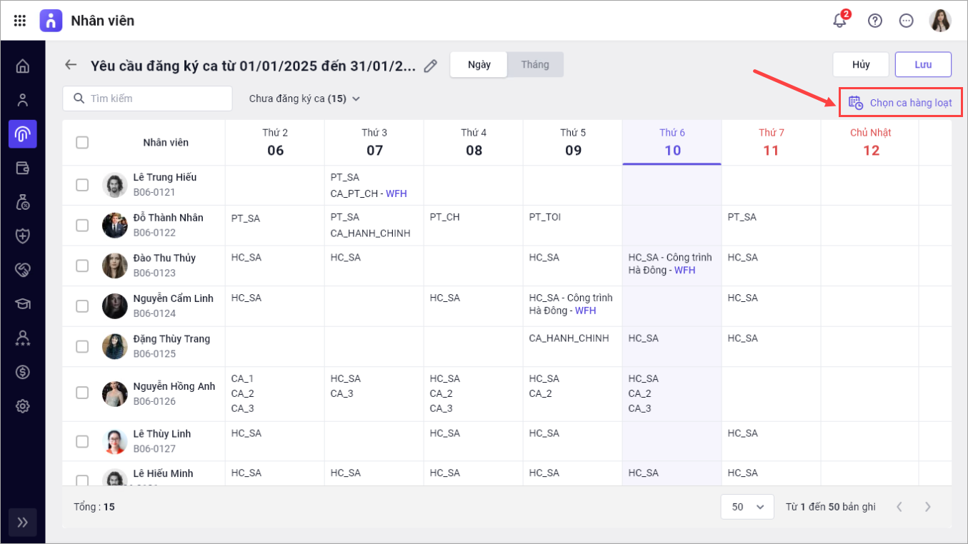 Giao diện chọn ca hàng loạt