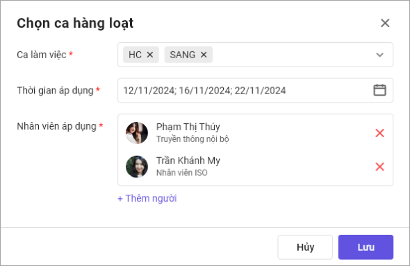 Form chọn ca cho quản lý