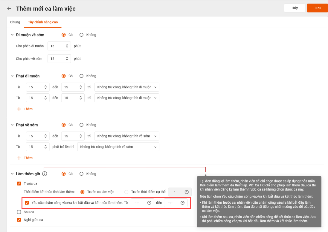 Thiết lập ca làm việc