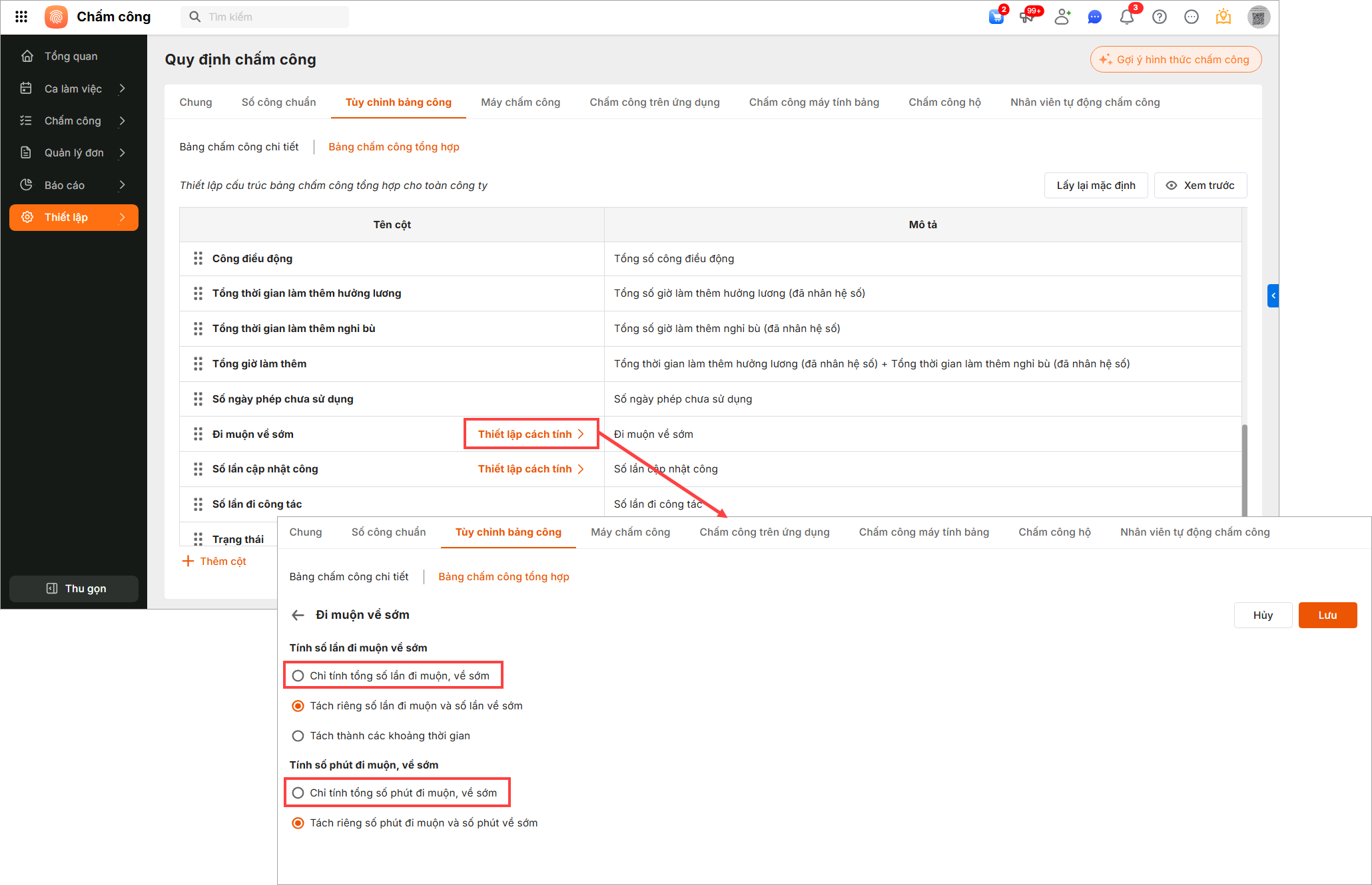 Thiết lập cách tính đi muộn, về sớm