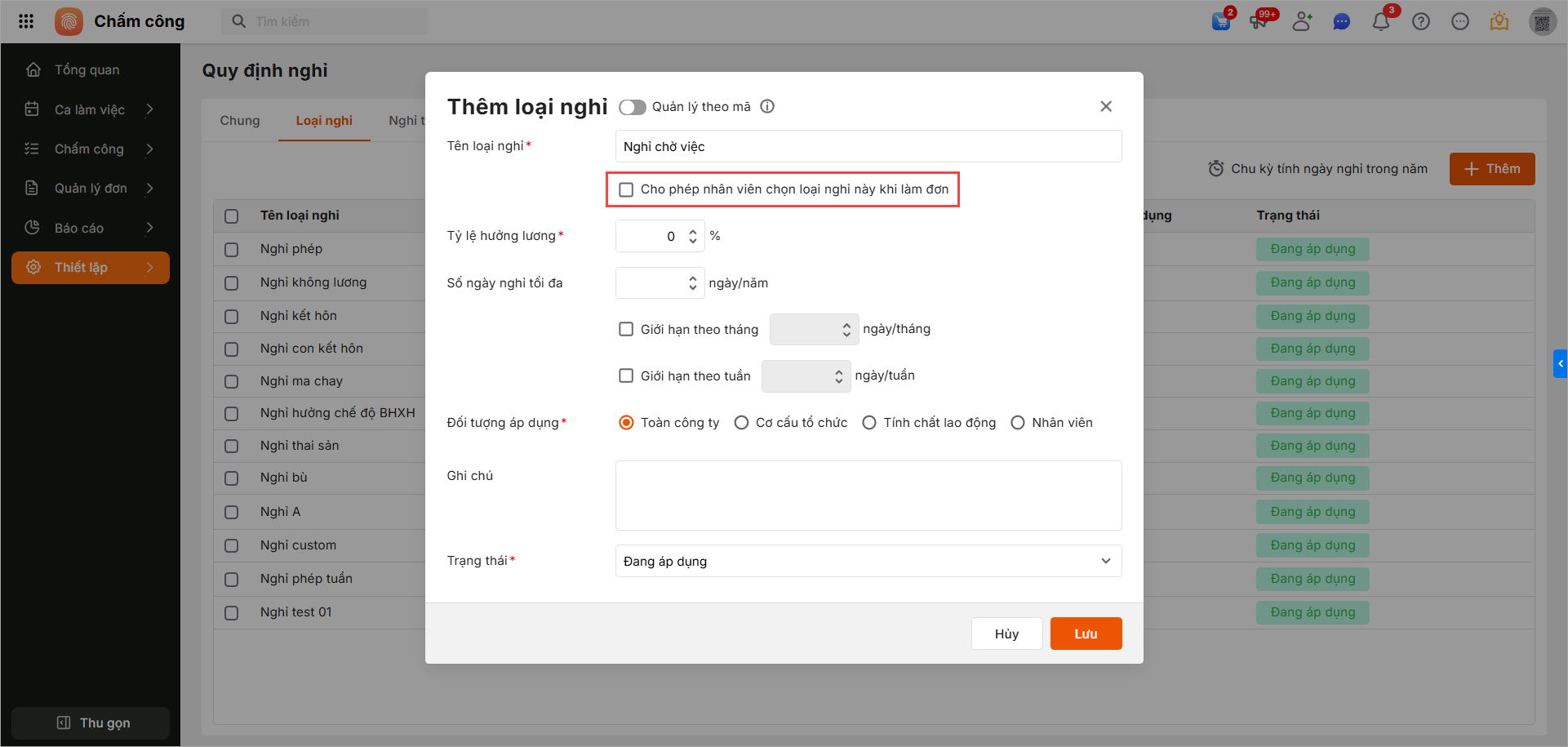 Thiết lập loại nghỉ