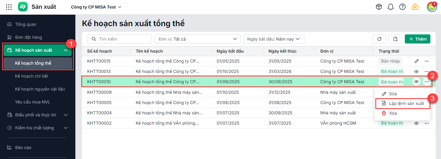 Lập lệnh sản xuất trên MISA AMIS